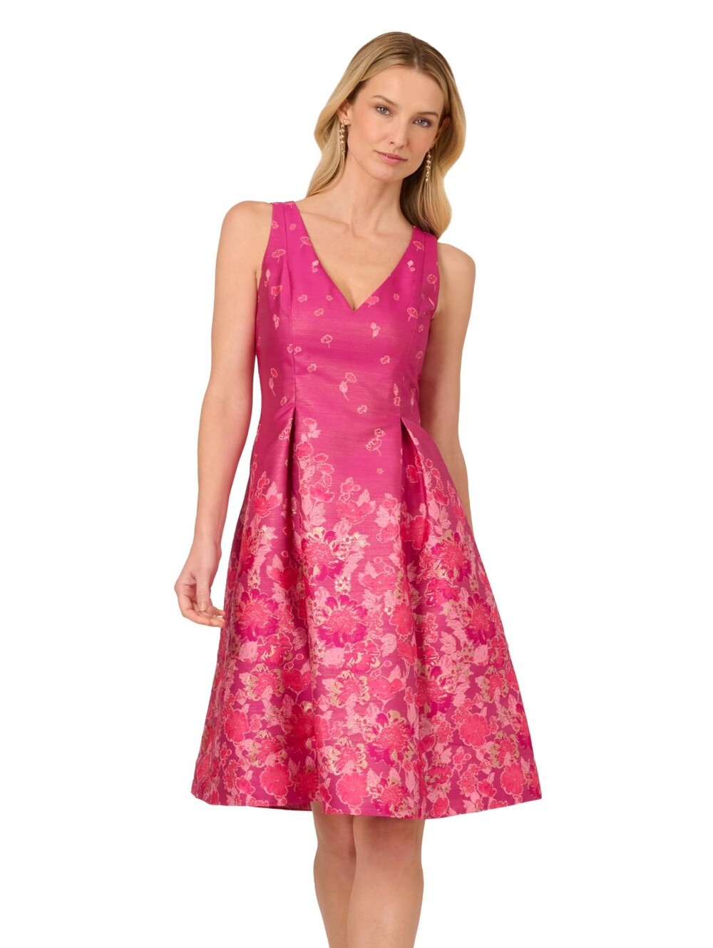 Adrianna Papell Women's Border Hem Jacquard Dress, Pink Multi, Pockets, 14